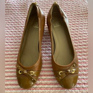 Stuart Weitzman caramel color Napa leather with patent toe and heel size 7